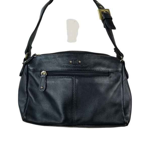 Stone Mountain Black Leather Shoulder Bag Adjustable Strap Brass Buckle Nice! - Picture 1 of 6